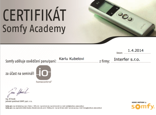 Certifikát SOMFY seminář io.homecontrol - Interfer s. r. o. - www.svetloAstin.cz