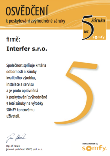Záruka 5 let SOMFY certifikát - společnost Interfer s. r. o. - dodavatel značkové stínicí techniky