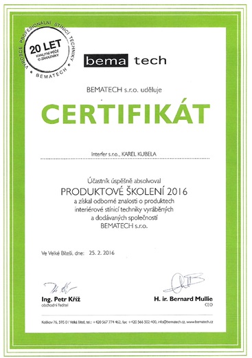 Certifikát Bematech 2016 - Interfer s. r. o. - www.svetloAstin.cz
