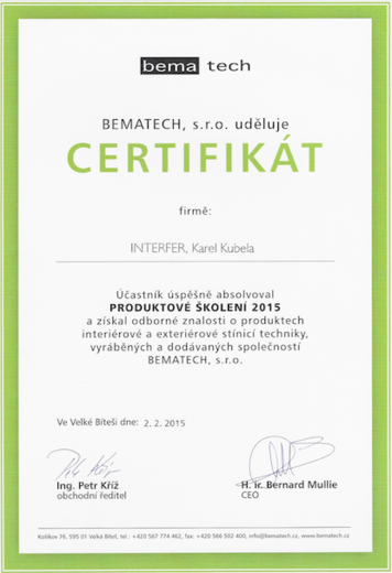 Certifikát Bematech - Interfer s. r. o. - www.svetloAstin.cz