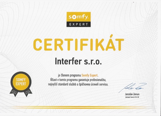 Certifikát Somfy Expert Interfer s. r. o.