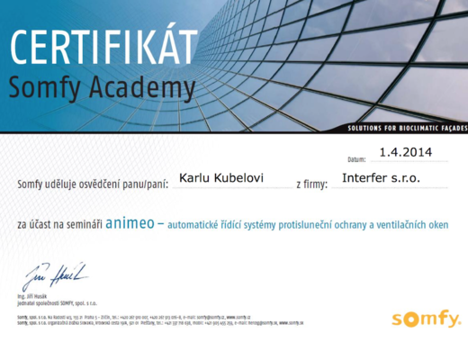 Certifikát SOMFY seminář Animeo - Interfer s. r. o. - www.svetloAstin.cz