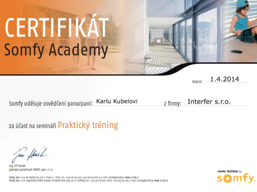 Certifikát SOMFY seminář praktický trénink - Interfer s. r. o. - www.svetloAstin.cz