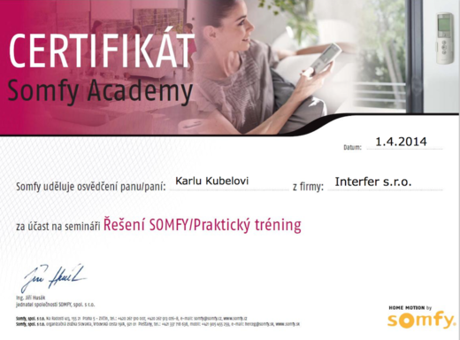 Certifikát SOMFY seminář praktický trénink - Interfer s. r. o. - www.svetloAstin.cz