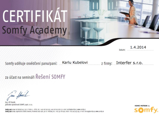 Certifikát SOMFY seminář Řešení - praktický trénink - Interfer s. r. o. - www.svetloAstin.cz