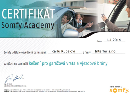 Certifikát SOMFY seminář Vrata - Interfer s. r. o. - www.svetloAstin.cz