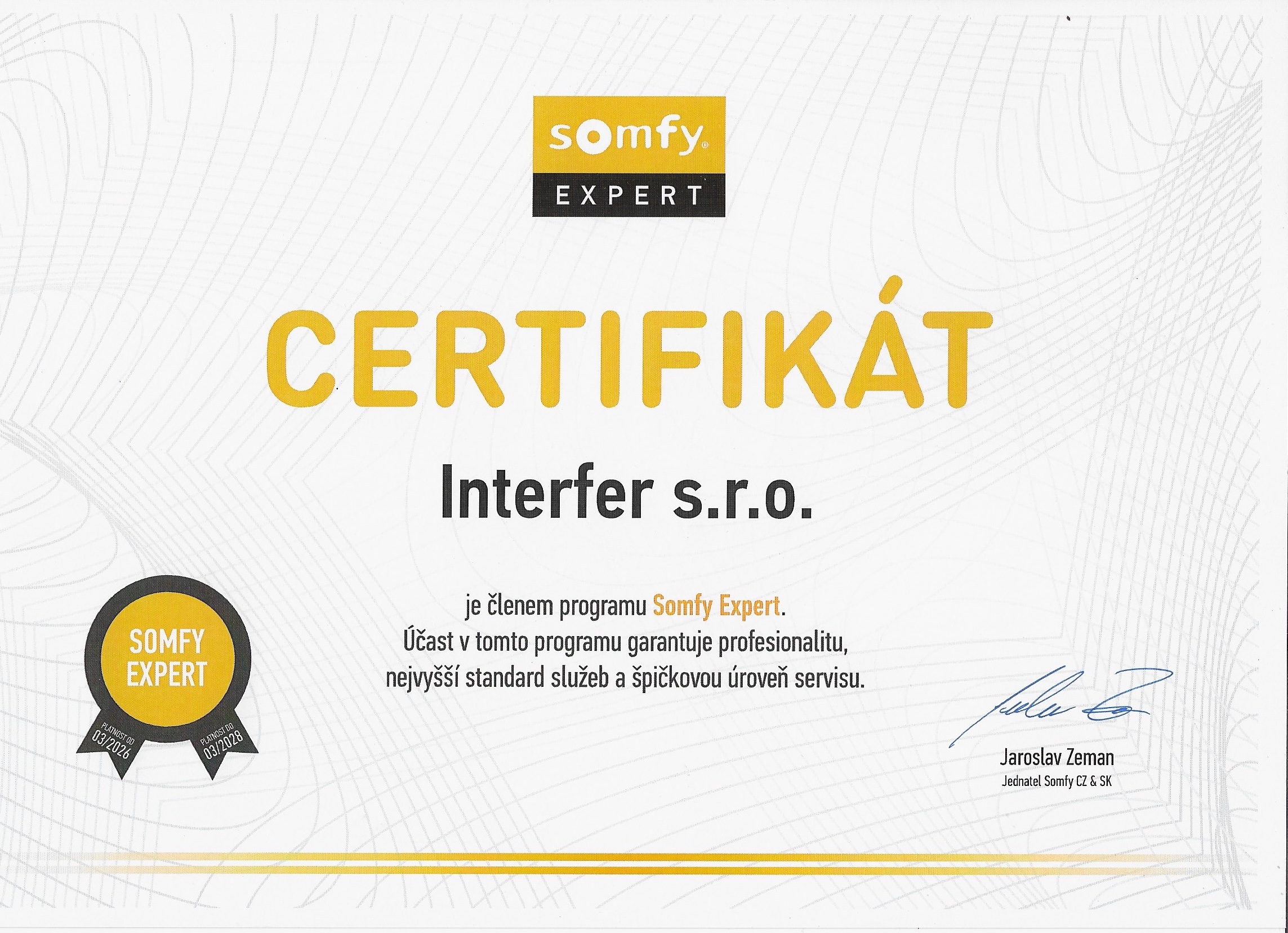 Certifikát Somfy Expert Interfer s. r. o.